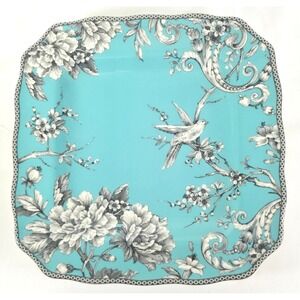 222 Fifth Adelaide Dinner Plate Turquoise Floral Bird 10.7" Porcelain Square